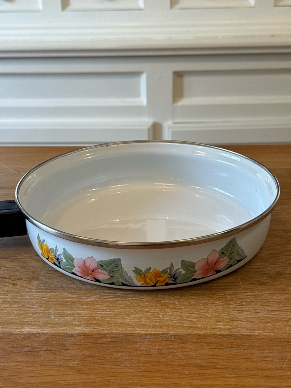 🌺 Vintage Enamelware Skillet | Tropical Floral | Pink Yellow Monstera